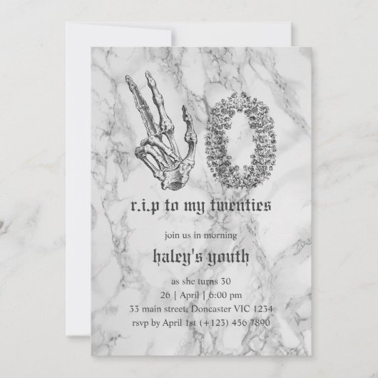 RIP 20年代20代おもしろいスカル葬儀30歳の誕生日 招待状 (正面)