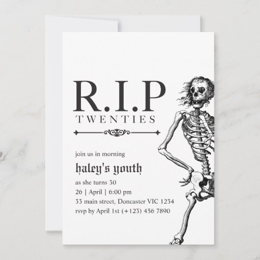 RIP 20年代20代おもしろいスカル葬儀30歳の誕生日 招待状 (正面)