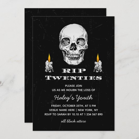 RIP 20年代20代スカルゴシック様式ブラック30歳の誕生日 招待状 (正面/裏面)