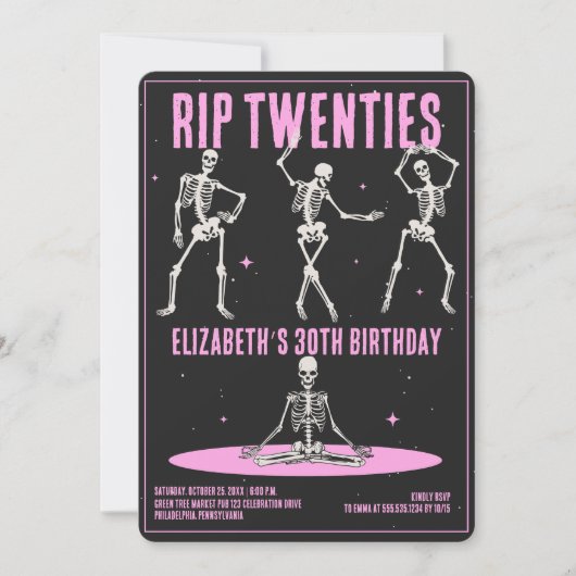 RIP 20sブラックピンクおもしろいスカル30th誕生日パーティー 招待状 (正面)