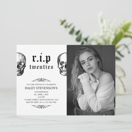 RIP 20s葬儀スカル30th誕生日の写真 招待状 (スタンド正面)