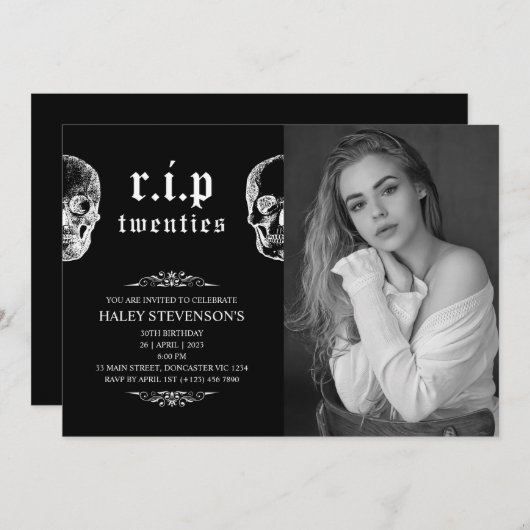 RIP 20s葬儀スカル30th誕生日の写真 招待状 (正面/裏面)