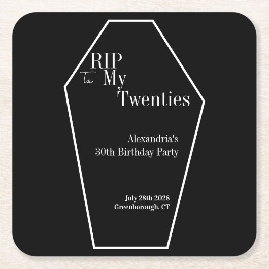 RIP 20s ゴシック 30歳の誕生日パーティー 黒と白 スクエアペーパーコースター (正面)