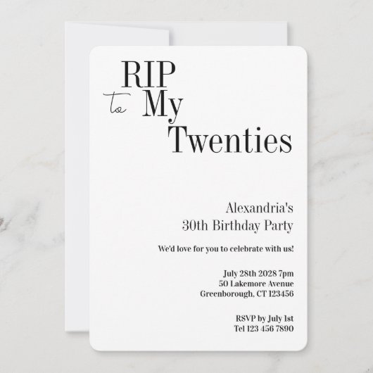 RIP 20s 30th Birthday Minimal Party 招待状 (正面)