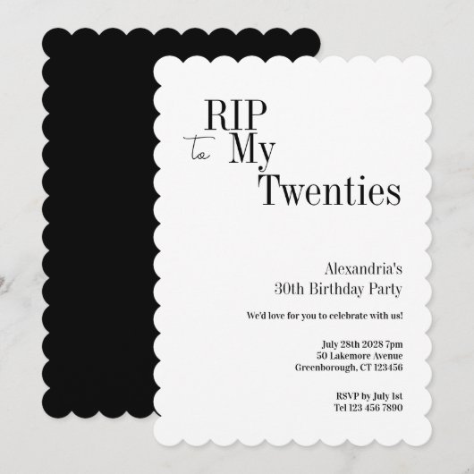 RIP 20s 30th Birthday Minimal Party 招待状 (正面/裏面)