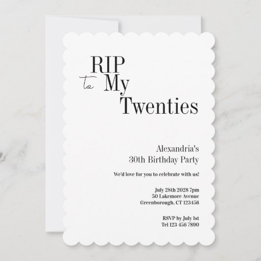 RIP 20s 30th Birthday Minimal Party 招待状 (正面)