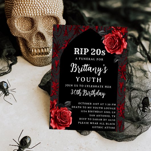 RIP 20s Gothic Red Roses Funeral 30th Birthday 招待状