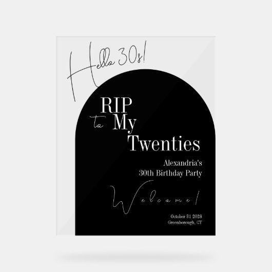 RIP 20s Hello 30s 30歳の誕生日パーティー ウェルカムサイン アクリルサイン (正面)