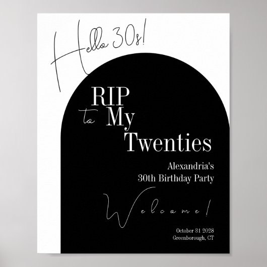 RIP 20s Hello 30s 30歳の誕生日パーティー ウェルカム ポスター (正面)