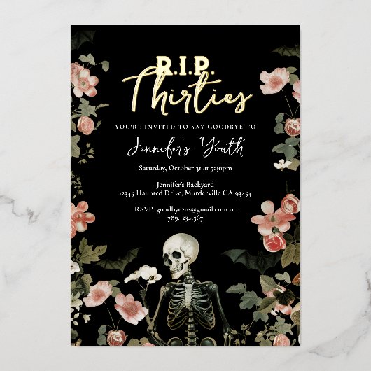 RIP 30代フローラスケルトン40歳の誕生日パーティー 箔招待状 (正面)