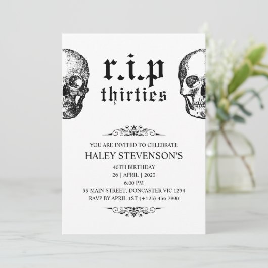 RIP 30年代20代おもしろい葬儀スカル40歳 招待状 (スタンド正面)