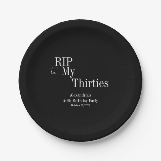 RIP 30s 40歳の誕生日パーティー 黒と白 ペーパープレート (正面)