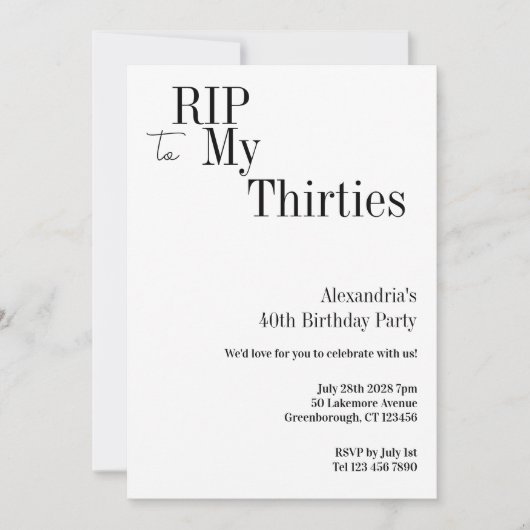 RIP 30s 40th Birthday Minimal Party 招待状 (正面)