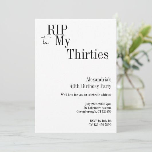 RIP 30s 40th Birthday Minimal Party 招待状 (スタンド正面)