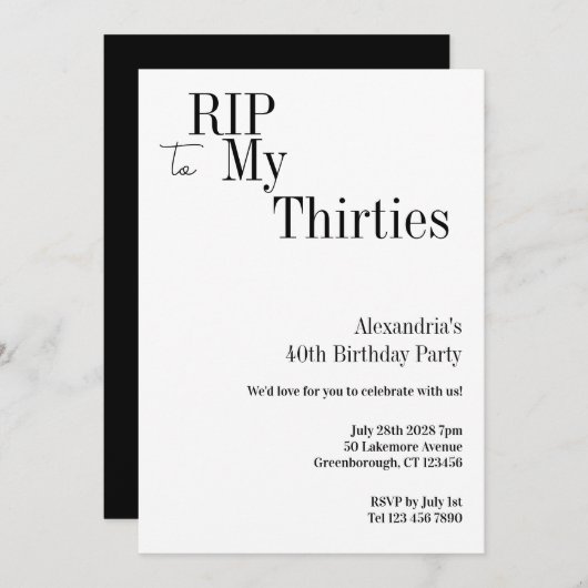 RIP 30s 40th Birthday Minimal Party 招待状 (正面/裏面)