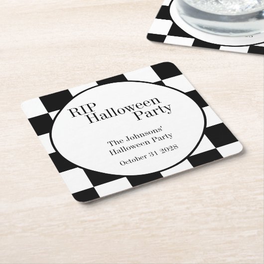 RIP Halloween Black and White Check Party スクエアペーパーコースター (アングル)