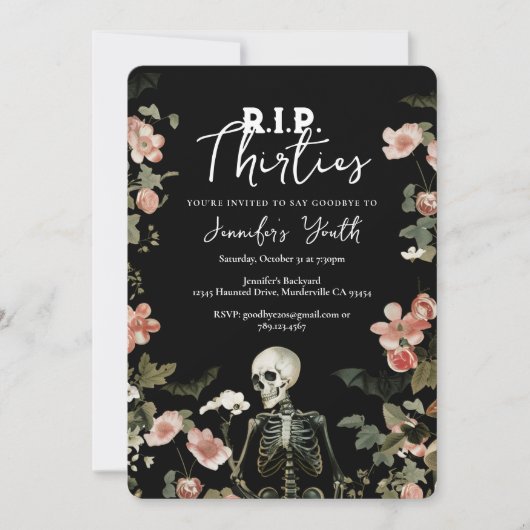 RIP Thirties Skeleton Floral 40th Birthday Party 招待状 (正面)