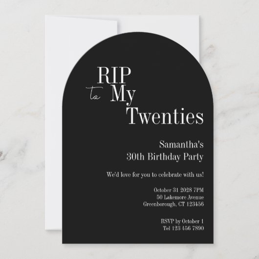 RIP Twenties パーティー 30歳の誕生日 ブラック ホワイト 招待状 (正面)