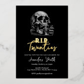 RIP Twenties 黒とゴールドのドクロ 30歳の誕生日パーティー 箔招待状 (正面)