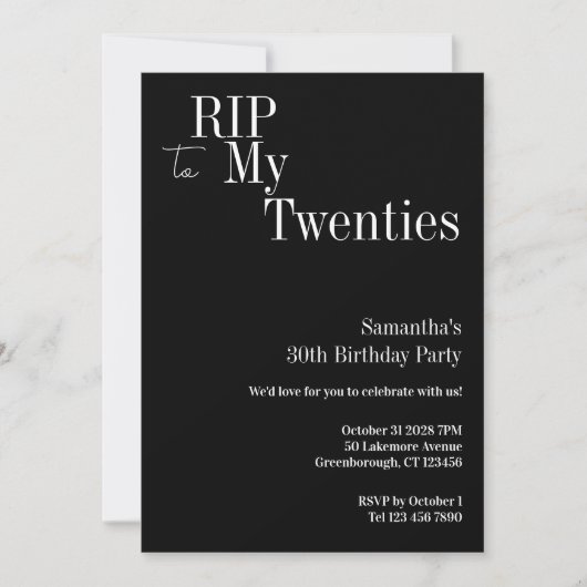 RIP Twenties 30歳の誕生日パーティー 黒と白 招待状 (正面)