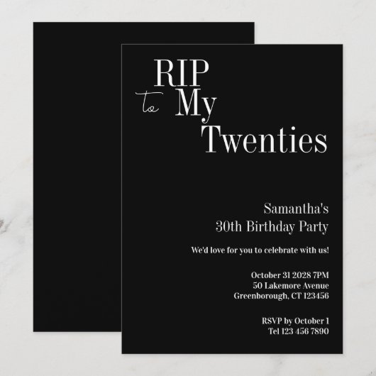 RIP Twenties 30th Birthday Party Black and White 招待状 (正面/裏面)