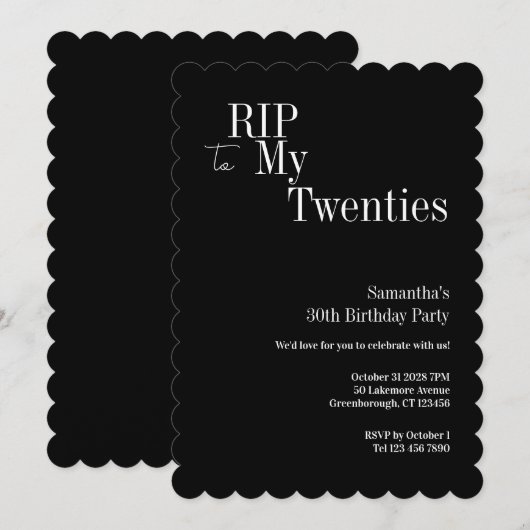 RIP Twenties 30th Birthday Party Black White 招待状 (正面/裏面)