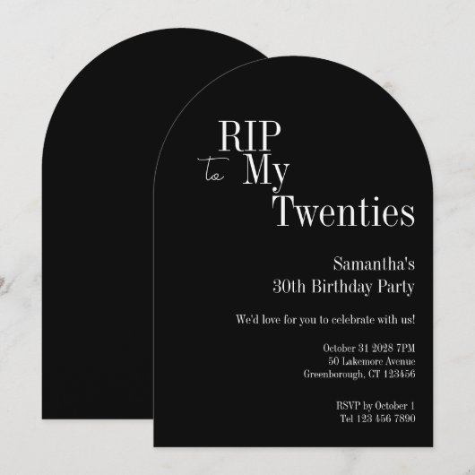 RIP Twenties Party 30th Birthday Black White 招待状 (正面/裏面)