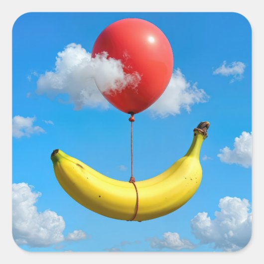 Ripe Banana Floating In Sky with Red Balloon スクエアシール (正面)