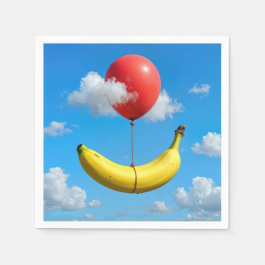Ripe Banana Floating In Sky with Red Balloon スタンダードカクテルナプキン (正面)