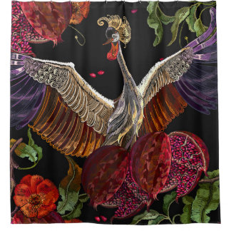 Ripened pomegranate fruits, crane birds and wild r シャワーカーテン
