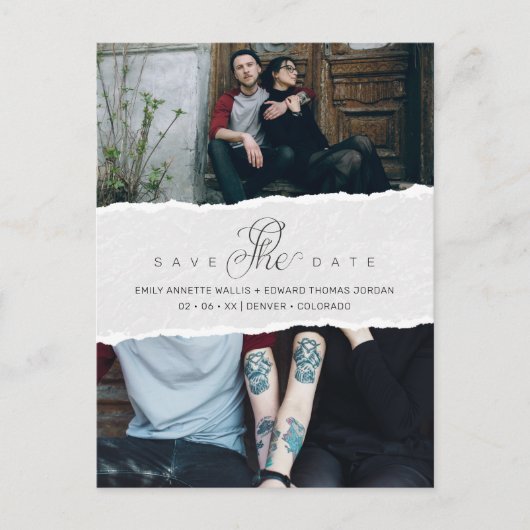 Ripped Paper Effect Wedding Custom Photo Script インビテーションポストカード (正面)