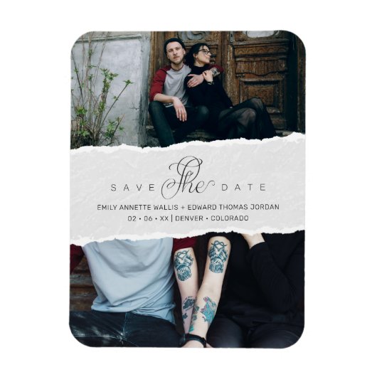 Ripped Paper Effect Wedding Custom Photo Script マグネット (縦)