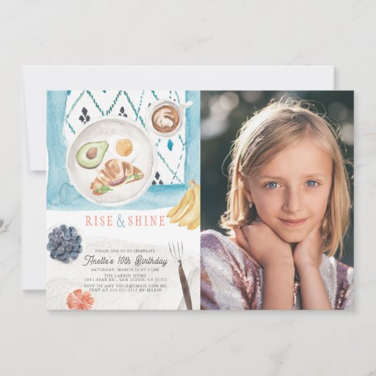 Rise & Shine Brunch Waterカラー子供の誕生日写真 招待状 (正面)