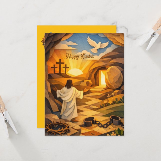 Risen Jesus Empty Tomb 3D Easter Flat Card (正面/裏面インサイチュ)