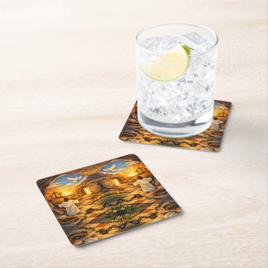 Risen Jesus Empty Tomb 3D Papercut Easter スクエアペーパーコースター (インサイチュ)