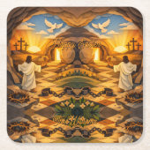 Risen Jesus Empty Tomb 3D Papercut Easter スクエアペーパーコースター (正面)