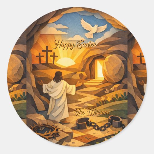 Risen Jesus & Empty Tomb 3D Papercut Easter ラウンドシール (正面)