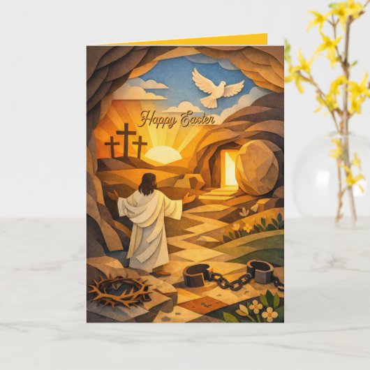 Risen Jesus Empty Tomb 3D Papercut Easter Card カード (黄色い花)