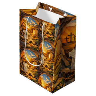 Risen Jesus Empty Tomb 3D Papercut Easter Gift Bag ミディアムペーパーバッグ