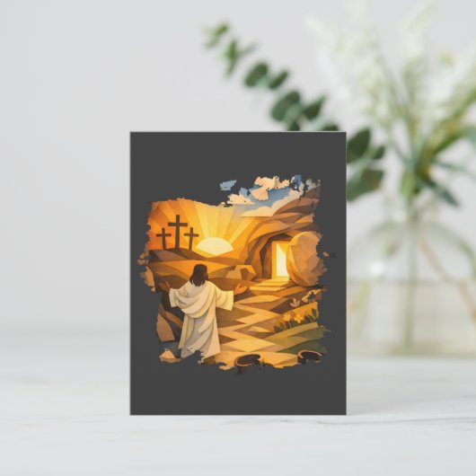 Risen Jesus Empty Tomb 3D Papercut Easter Postcard ポストカード (スタンド正面)