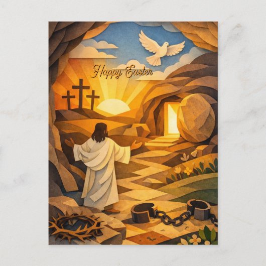 Risen Jesus Empty Tomb 3D Papercut Easter Postcard ポストカード (正面)