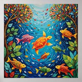 River of Life - Gond Art with Fish, Birds, and Tur ポスター