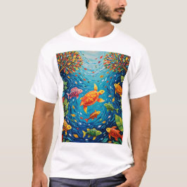 River of Life - Gond Art with Fish, Birds, and Tur Tシャツ