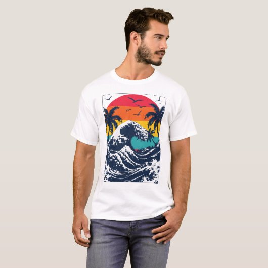 River Wave Retro Sunset Tシャツ (正面フル)