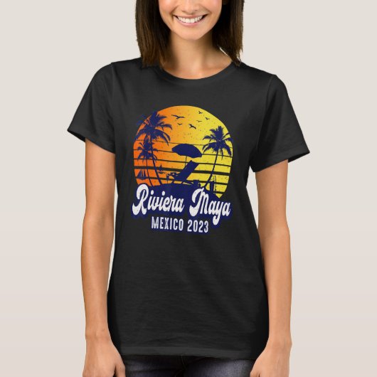 Riviera Maya 2023 Mexico Sunset Beach Retro Tシャツ (正面)
