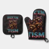Rizz Em With The Tism Meme 自閉症 楽しい アライグマ 鍋つかみ&鍋敷きセット (正面)