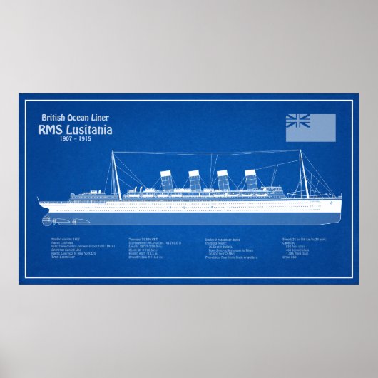 RMS Lusitania - Ship Blueprint Plans ABD ポスター (正面)