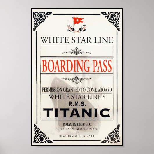 RMS Titanic White Star Line Boarding Pass ポスター (正面)