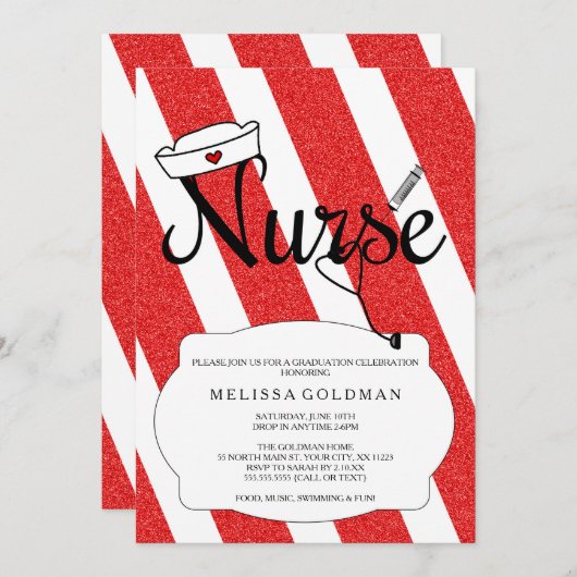 RNのナースの卒業の招待のおもしろいの赤いグリッターのデザイン 招待状 (正面/裏面)