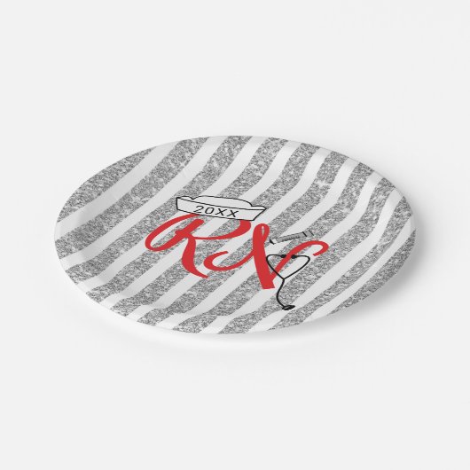 RNの卒業パーティーの装飾、赤い銀製のグリッター ペーパープレート (アングル)